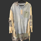 WASHED MULTI FABRIC BUTTON DOWN HOODIE TOP